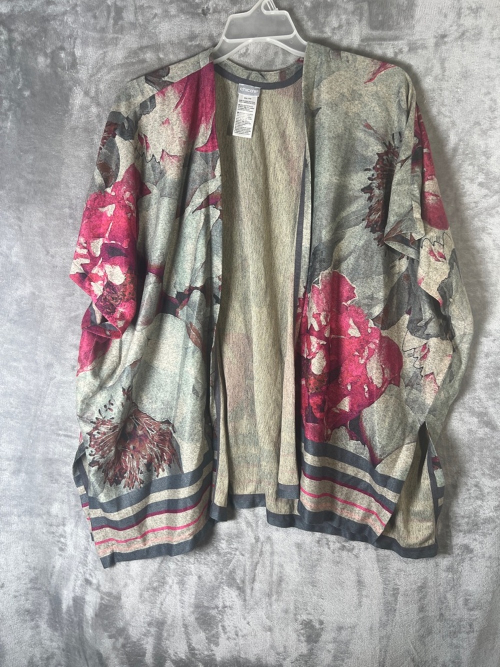 Chico's Open-Front Floral Cardigan in Pink and Gray